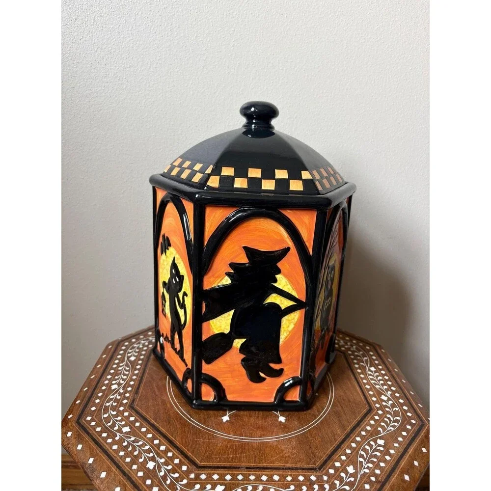 Vintage Spooky Hollow 11” Halloween Cookie Jar Witch Black Cat Owl Orange Black